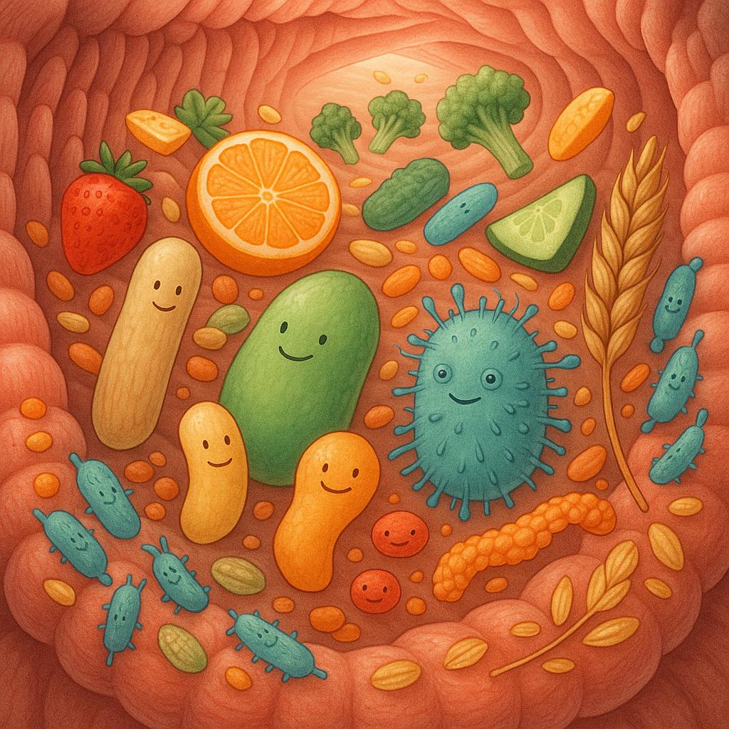 Sección de intestino con microbios amigables y alimentos con fibra, mostrando un ecosistema intestinal saludable.