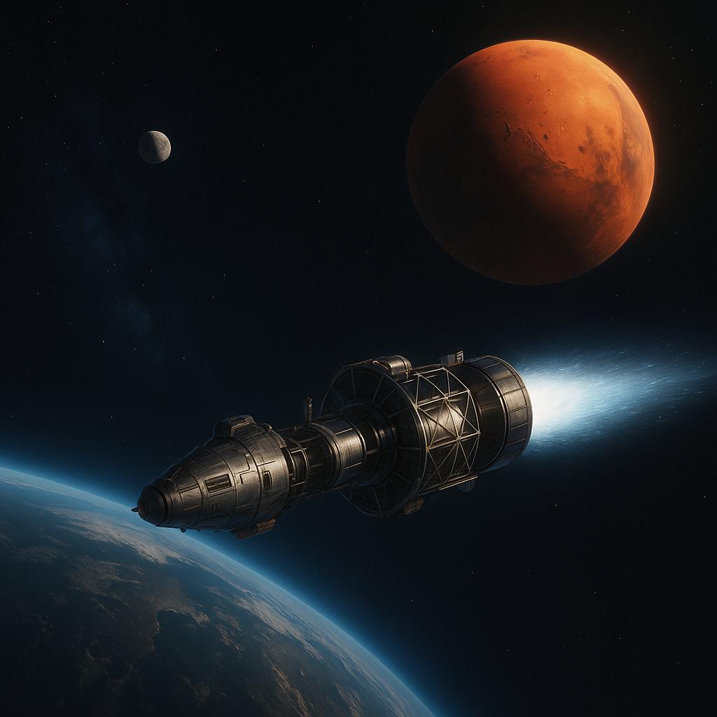 Nave espacial con propulsión nuclear detallada volando hacia Marte, Tierra y Luna de fondo, concepto de viaje espacial rápido.
