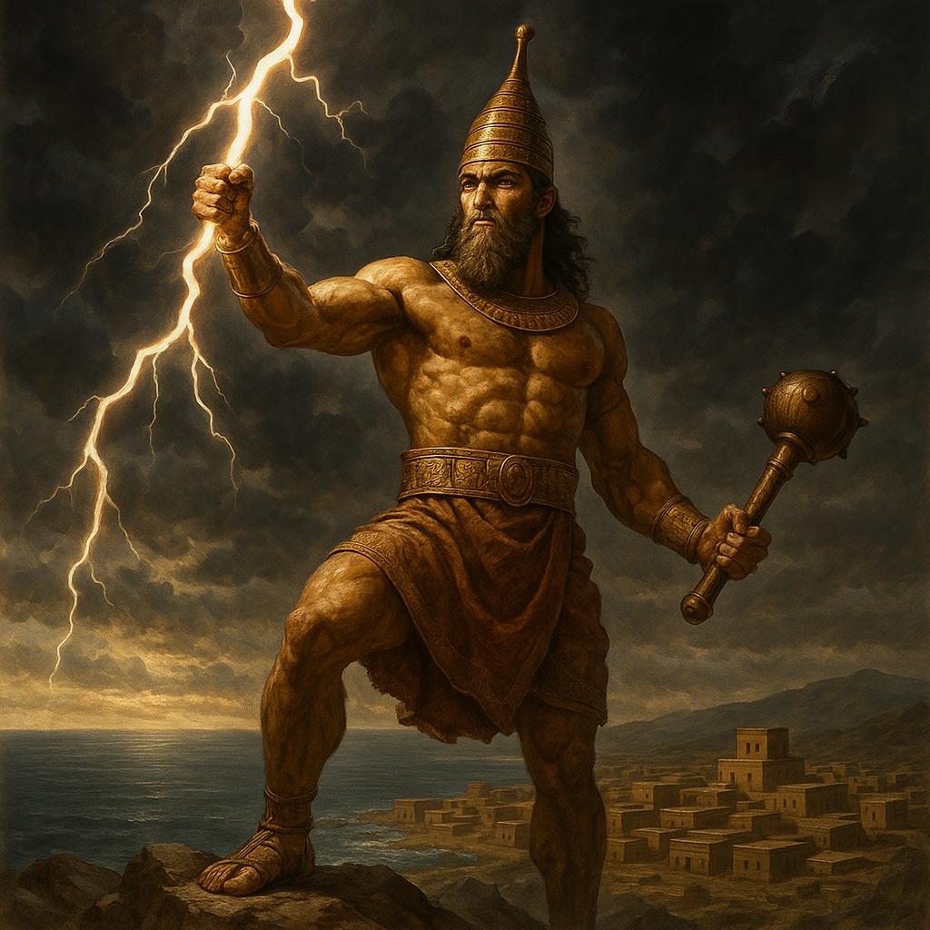 El dios Baal con un rayo en la mano sobre una montaña, con nubes de tormenta y la antigua ciudad de Ugarit al fondo.