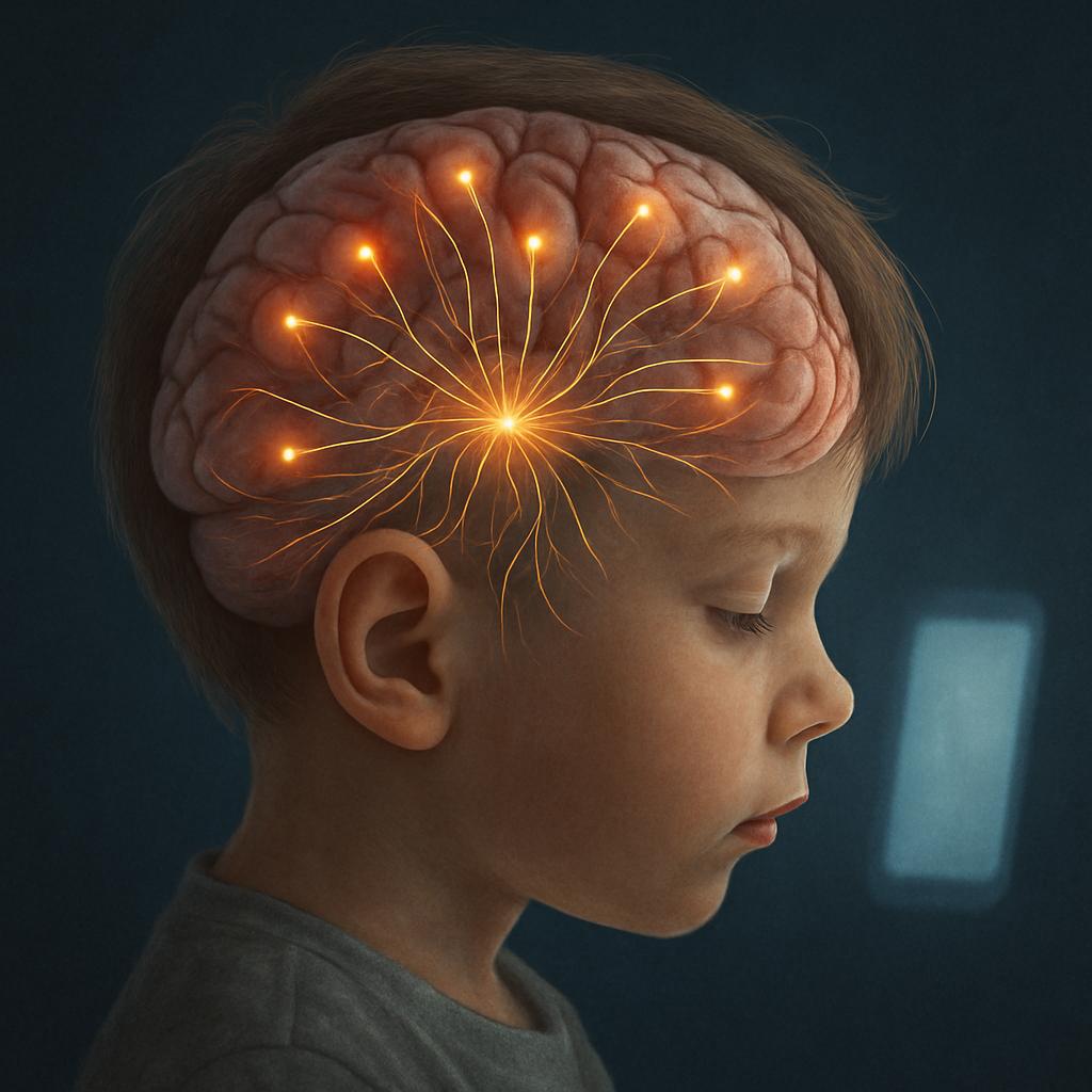 Concepto visual de un cerebro con conexiones neuronales enredadas y débiles por el efecto de las pantallas.