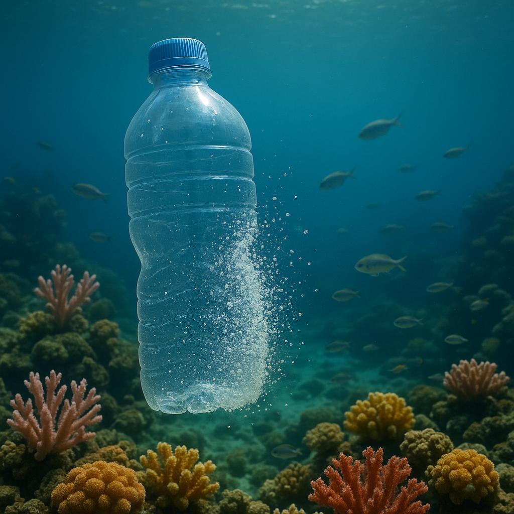 Botella de plástico biodegradable disolviéndose en el fondo del mar junto a peces y corales, con luz solar filtrándose.
