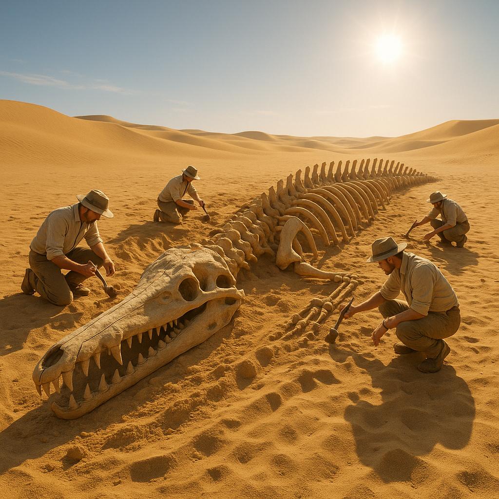 Enorme esqueleto de ballena prehistórica semienterrado en la arena del desierto mientras unos paleontólogos lo excavan.