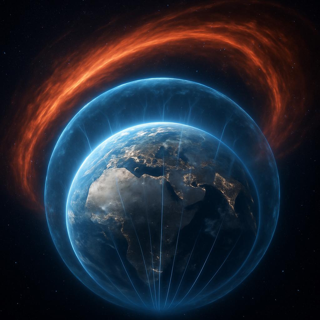 La Tierra vista desde el espacio, rodeada por un escudo azul creado por ondas de radio que la protegen de la radiación espacial.