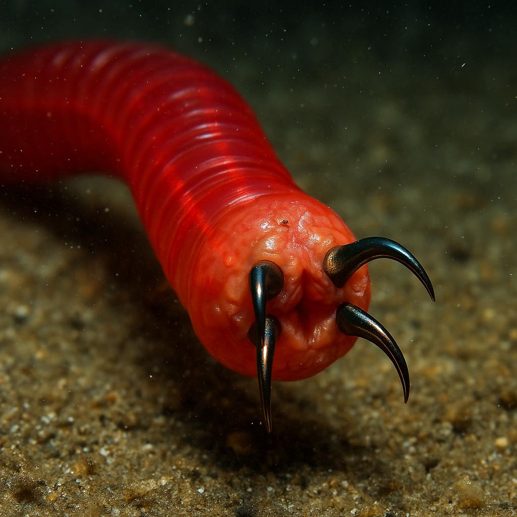 Primer plano de un gusano de sangre rojo (Glycera) con sus cuatro mandíbulas de cobre extendidas en el lecho marino.