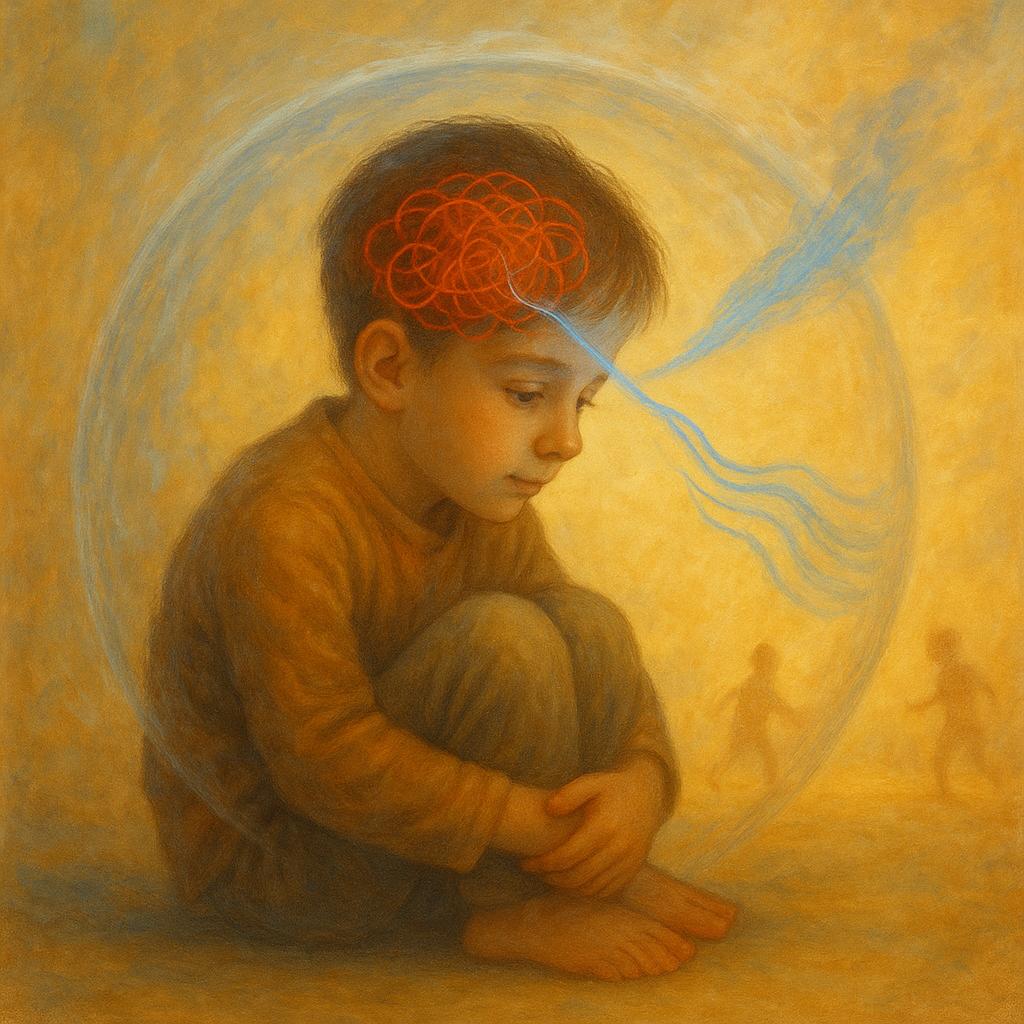 Ilustración de un niño en una burbuja de aislamiento. Un rayo de luz calma un nudo rojo que representa la ansiedad.