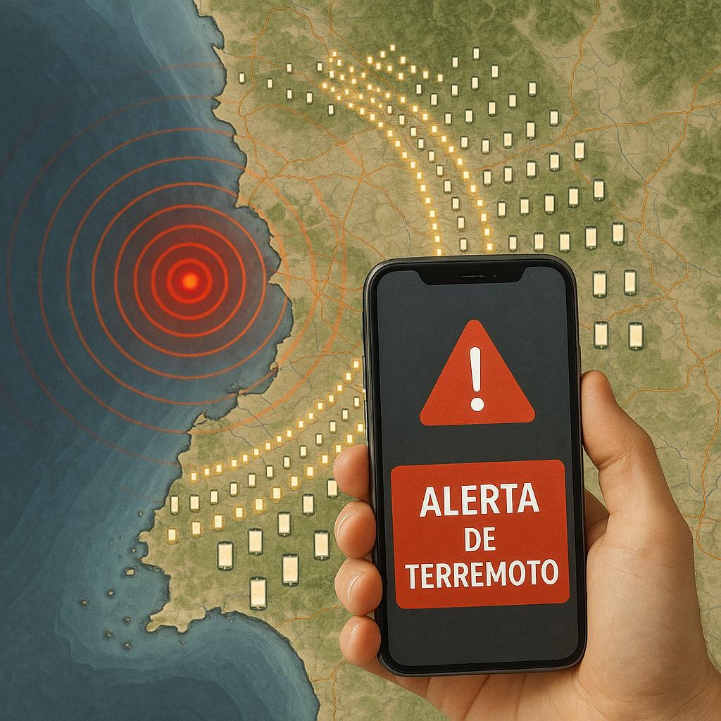 Mapa con iconos de teléfonos que se iluminan al paso de una onda sísmica, mostrando una alerta de terremoto en un móvil en primer plano.