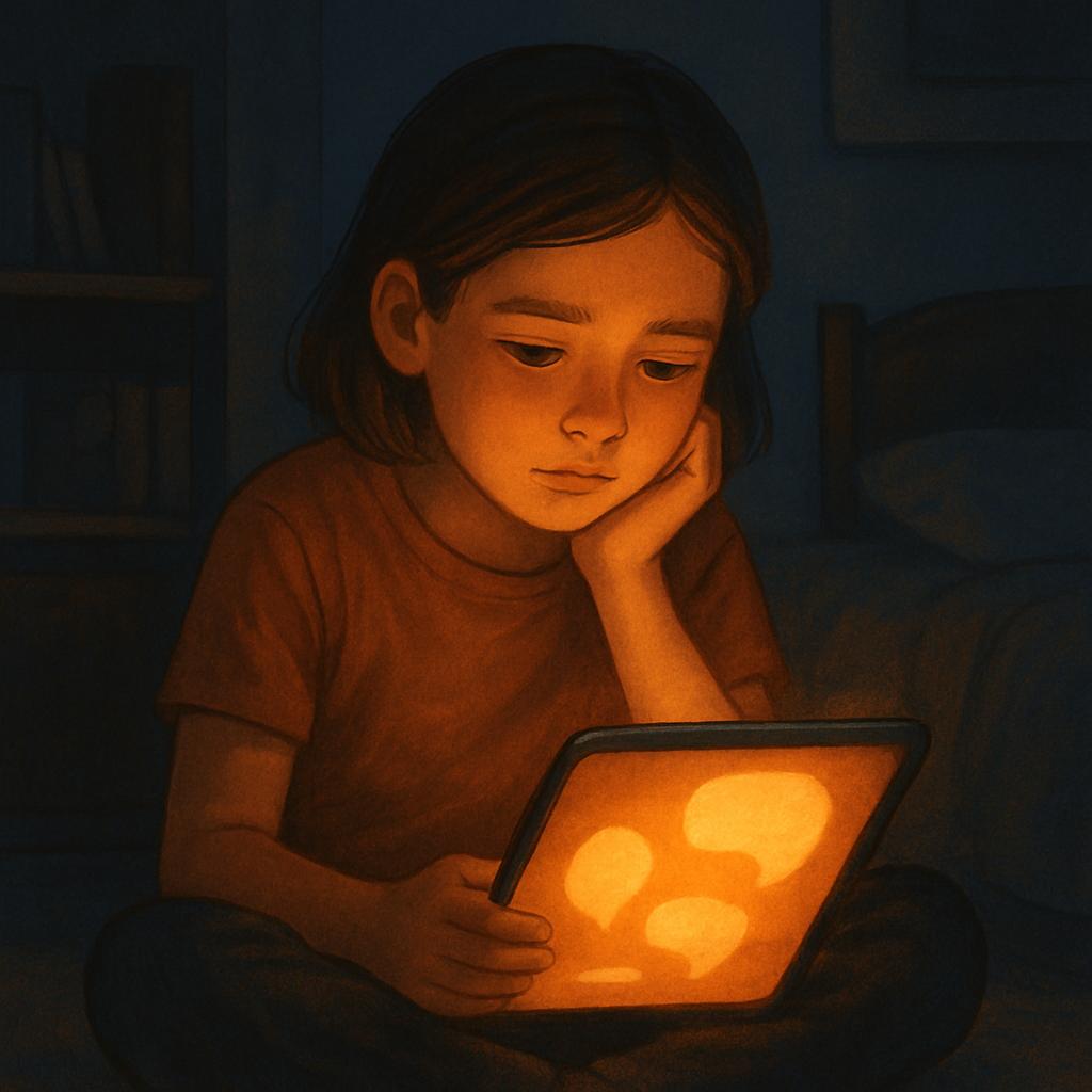 Un niño mira una tablet de la que sale un brillo cálido, simbolizando su conexión emocional con una inteligencia artificial.