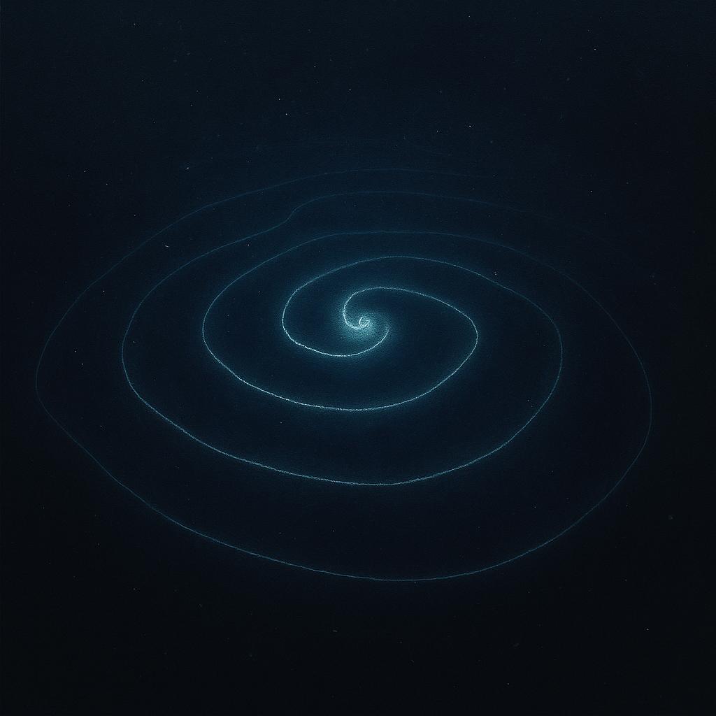 Un sifonóforo gigante, con forma de espiral, flotando en el océano oscuro, ilustrando al posible animal más largo del mundo.