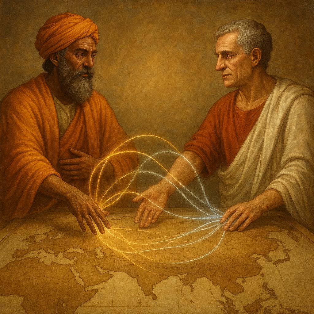 Un sabio indio y un erudito romano sobre un mapa antiguo, unidos por hilos de luz que representan la conexión del sánscrito y español.
