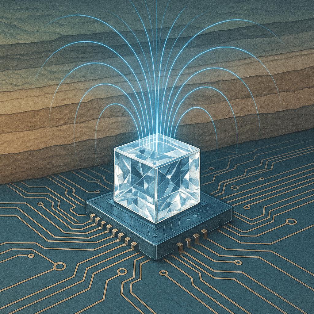 Cubo de diamante tecnológico emitiendo líneas de luz que mapean el campo magnético de la Tierra bajo la superficie.