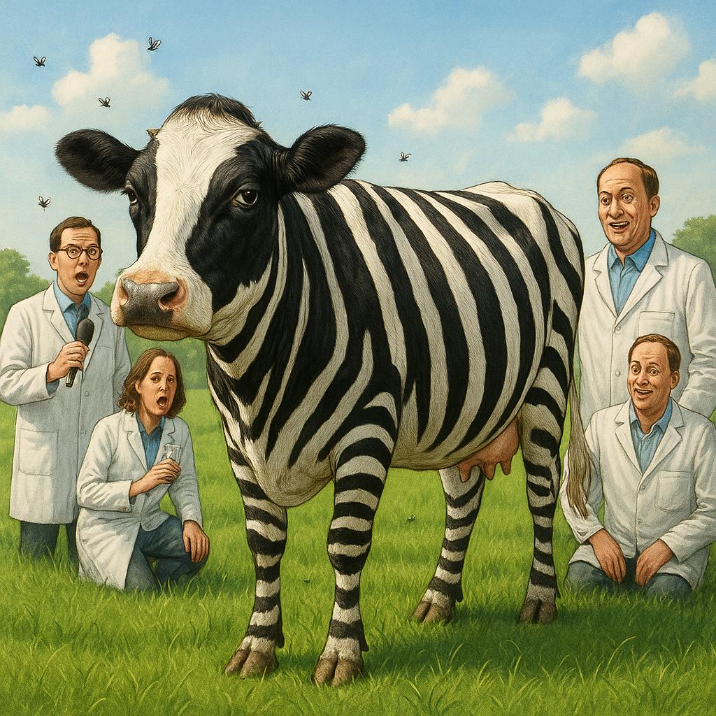 Vaca frisona con rayas de cebra en un campo, moscas evitándola, simbolizando premios Ig Nobel.