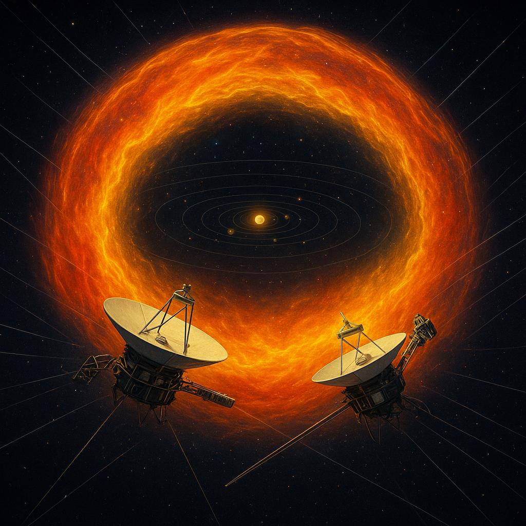 Sondas Voyager cruzan una burbuja brillante de plasma, la heliopausa, protegiendo el Sistema Solar de rayos cósmicos.