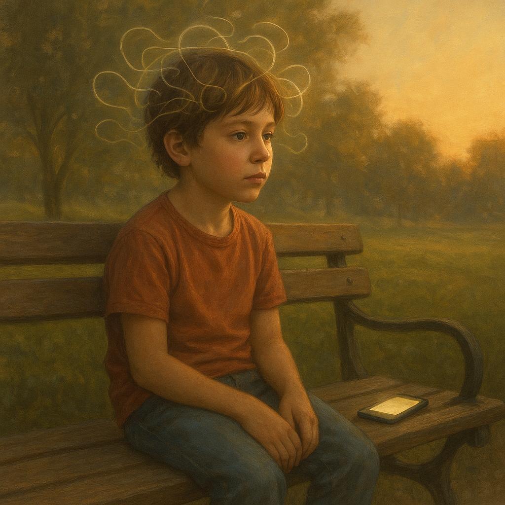 Niño relajado en un banco del parque, mirando pensativo con ideas creativas sobre su cabeza, sin teléfono.