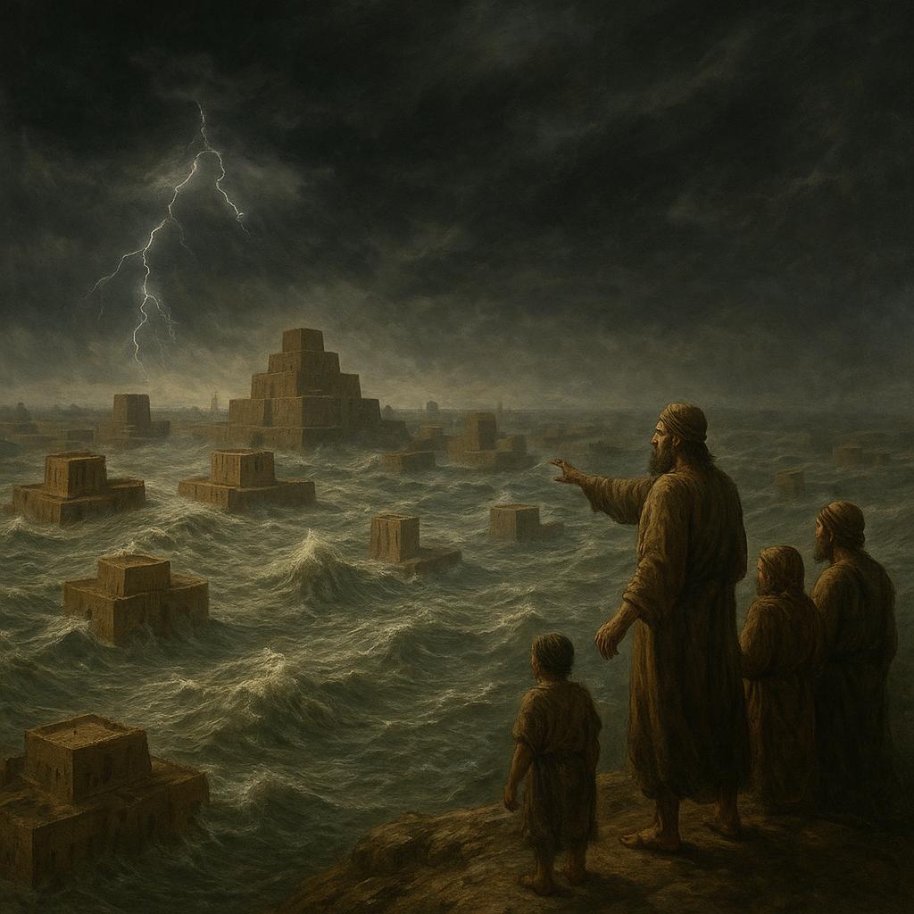 Antigua ciudad bajo un diluvio catastrófico con figuras observando, representando una civilización perdida y el cambio climático.