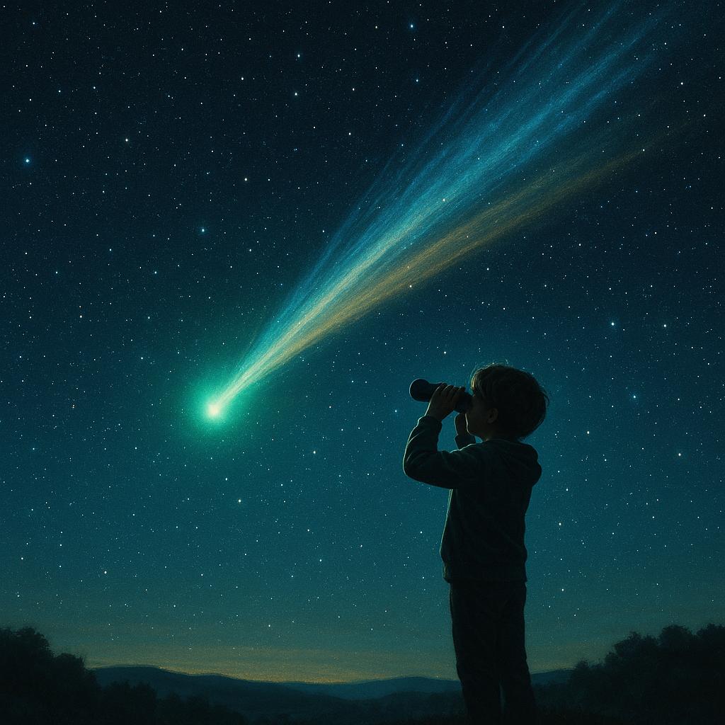 Niño/a con prismáticos viendo el Cometa Lemmon en el cielo nocturno, con sus colas de gas y polvo.