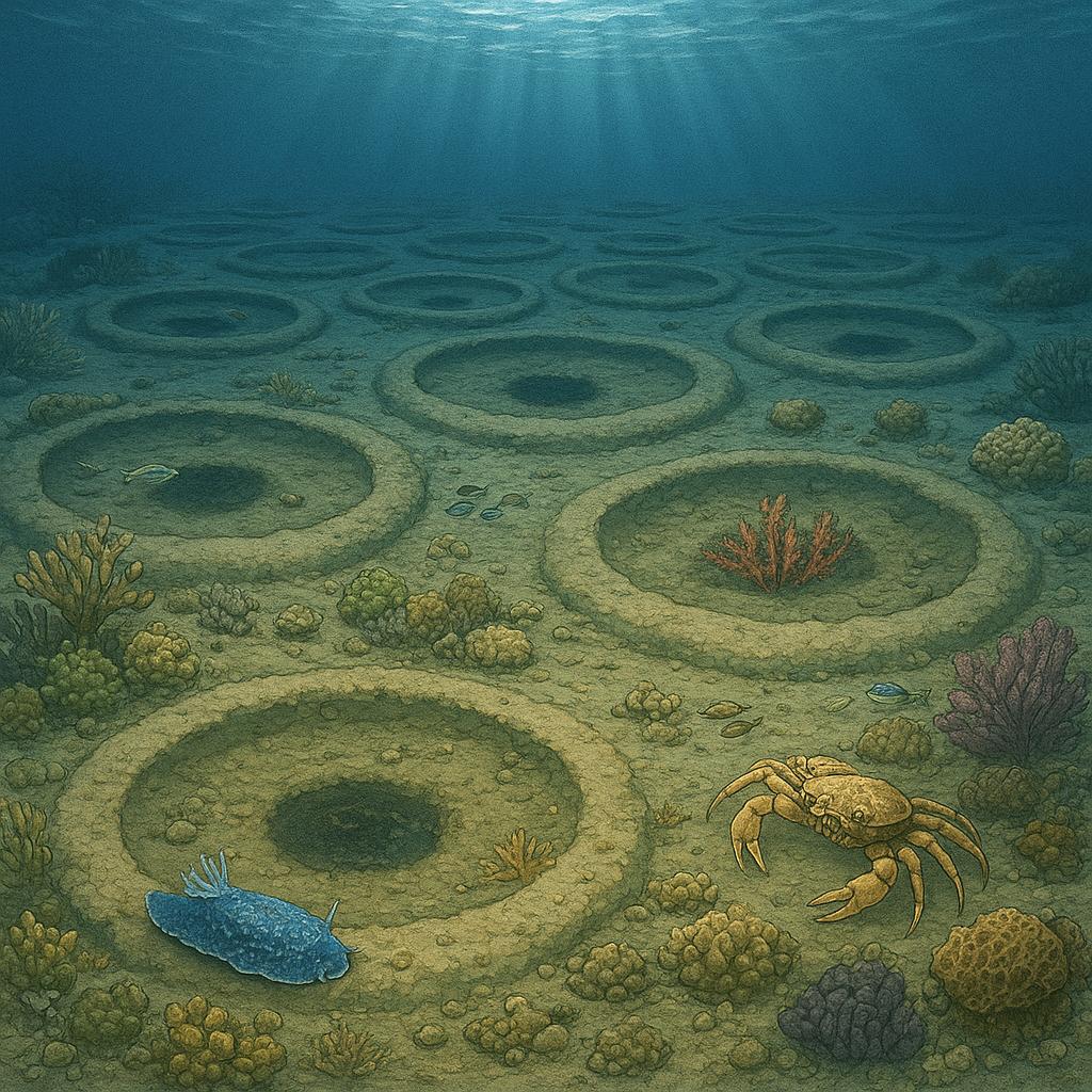 Círculos en el lecho marino del Mediterráneo con algas coralinas y fauna, un ecosistema de 20.000 años.