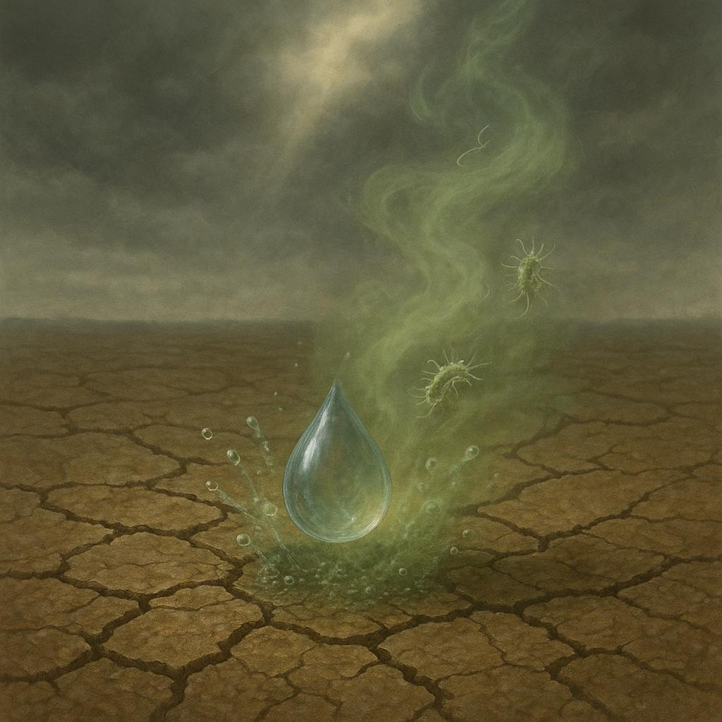 Gota de lluvia cae sobre suelo seco, liberando burbujas de geosmina y aceites que crean el olor a petricor.