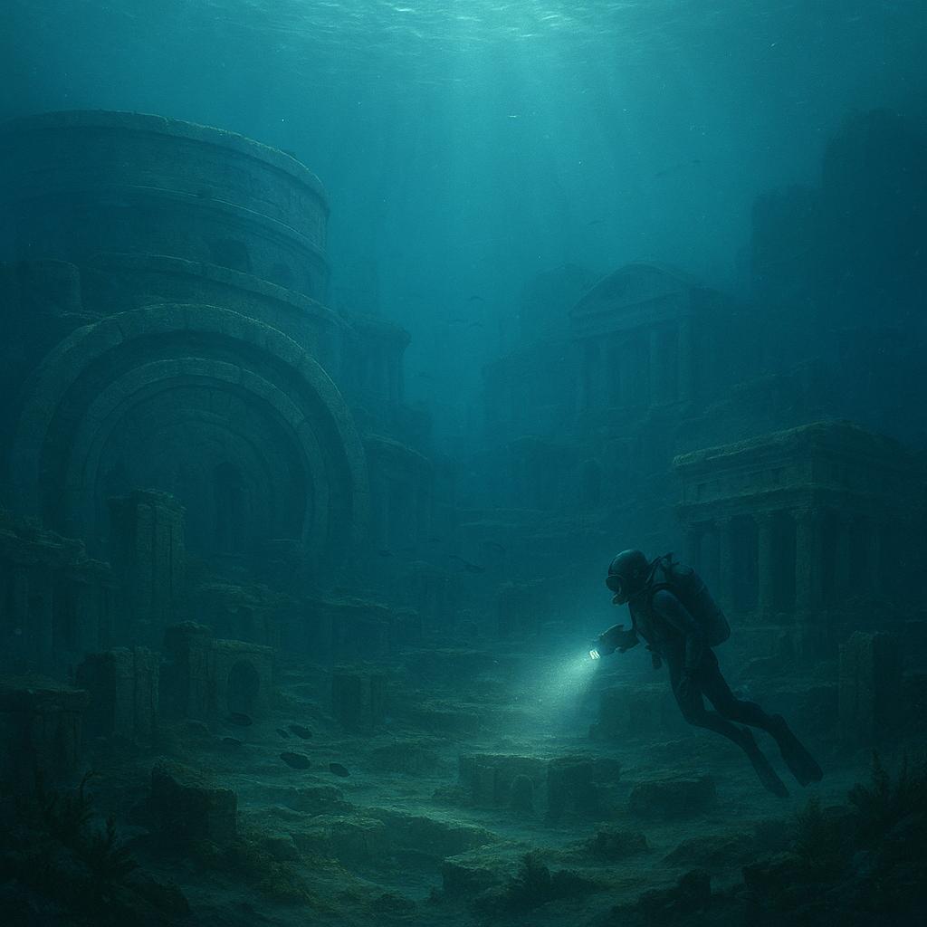 Ruinas de la Atlántida sumergidas en el lecho marino cerca de Cádiz, con un submarinista explorando los muros.