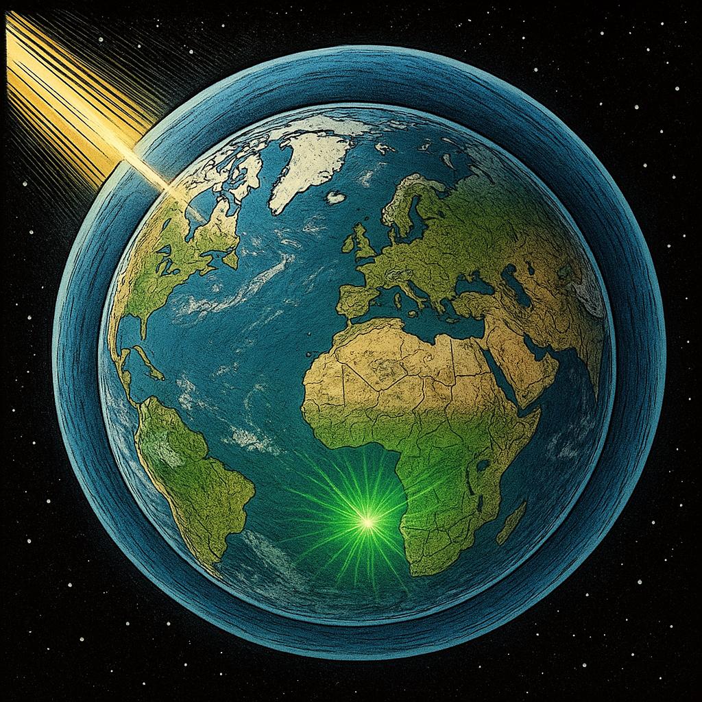 La Tierra con su capa de ozono recuperándose, con un área brillante que simboliza la curación del agujero.